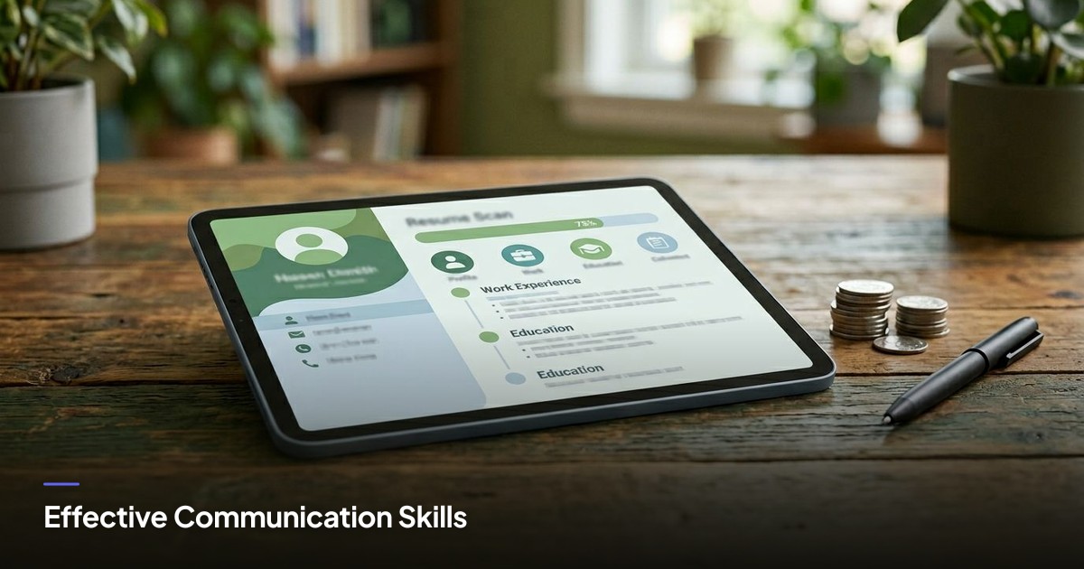 A digital tablet shows a blurred resume interface beside a stack of coins and pen on an earthy-toned table.