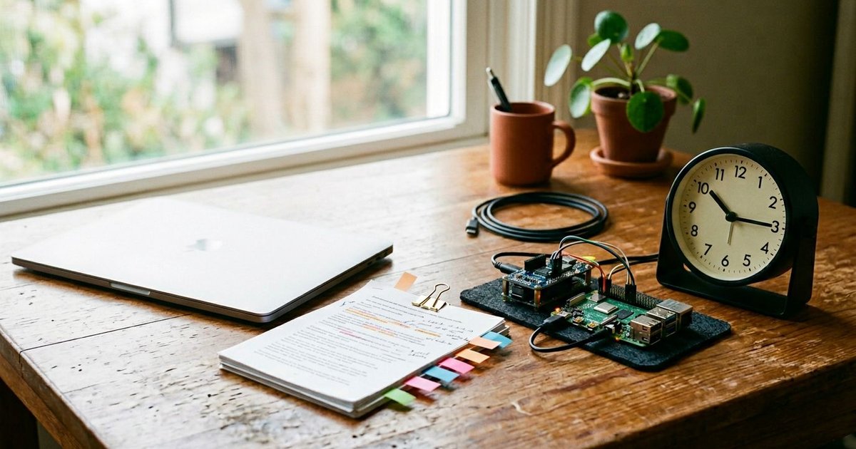 A laptop, AI board, marked blog drafts, and a desk clock sit on a sunlit desk, evoking creative blog automation.