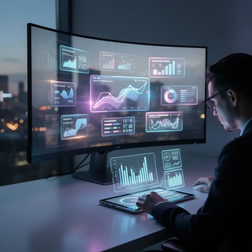 Marketers analyzing AI visibility tracking data on laptops, focusing on search presence across AI-powered platforms.