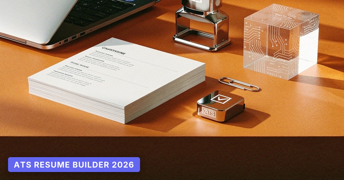 A modern laptop, blank resume paper, and a tech-inspired cube sit arranged on a vibrant, softly lit workspace.