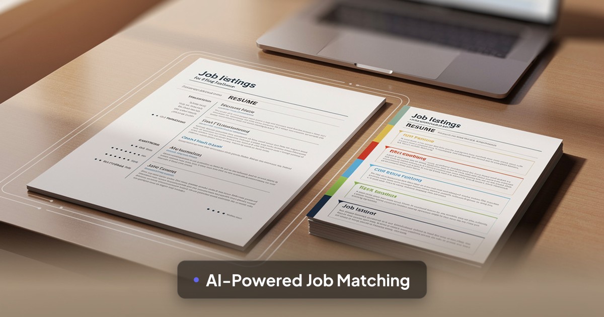 A tidy desk features a resume beside highlighted job listings, with a glowing laptop and warm light suggesting AI at work.