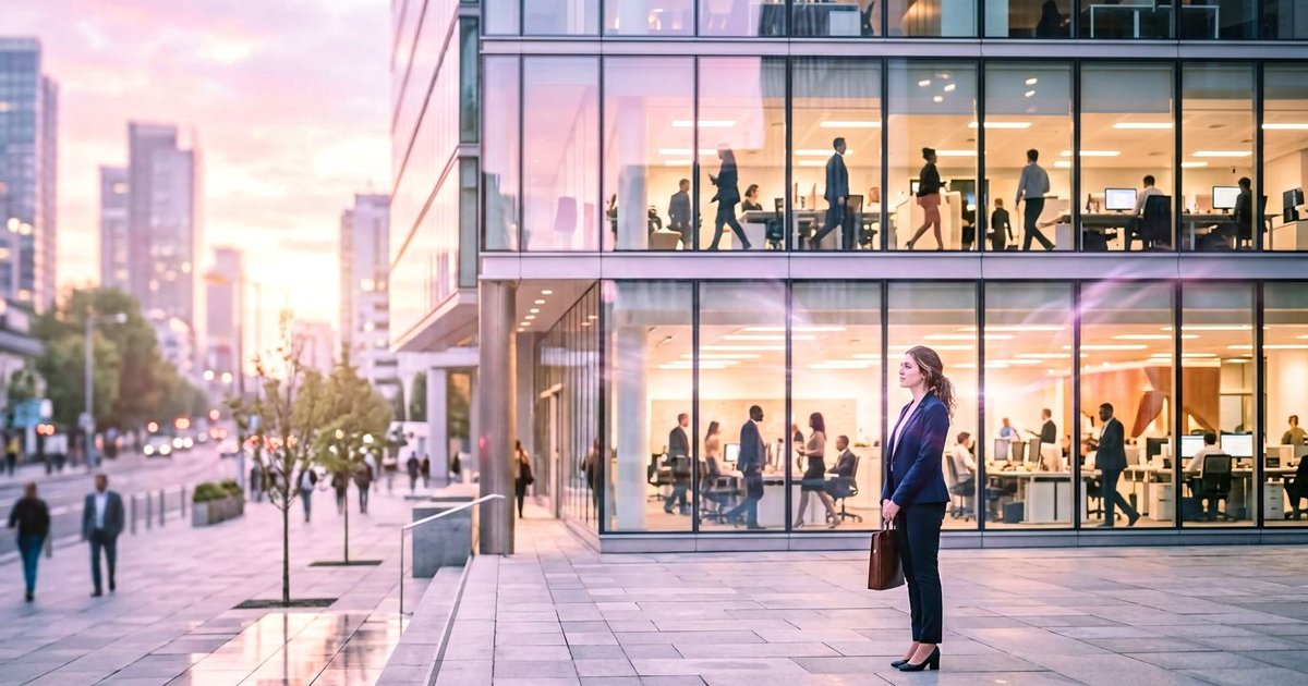 Pastel cityscape with a modern office, diverse professionals, and a job seeker, evoking AI-powered resume matching.