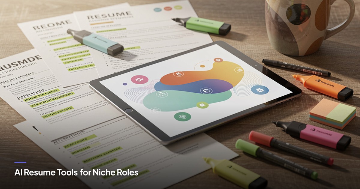 A cozy workspace shows printed resumes and a tablet with colorful icons, suggesting AI tools customizing for niche jobs.