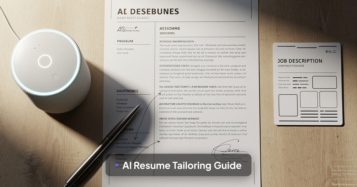 A resume, AI device, and job description card sit neatly arranged in warm sunlight on a wooden surface.