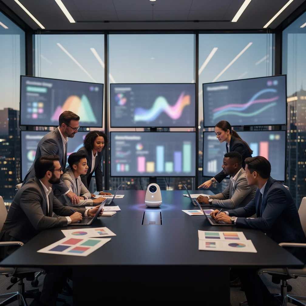 Business professionals analyzing AI-driven brand reputation dashboards and generative optimization insights on screens