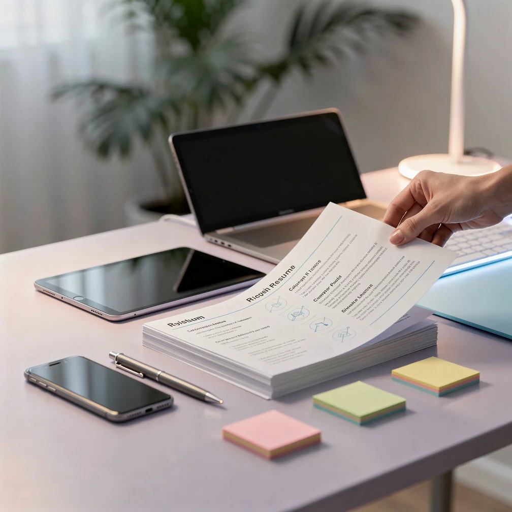 Laptop displaying resume tailoring tool dashboard with AI suggestions, highlighting ATS-friendly resume optimization featu...