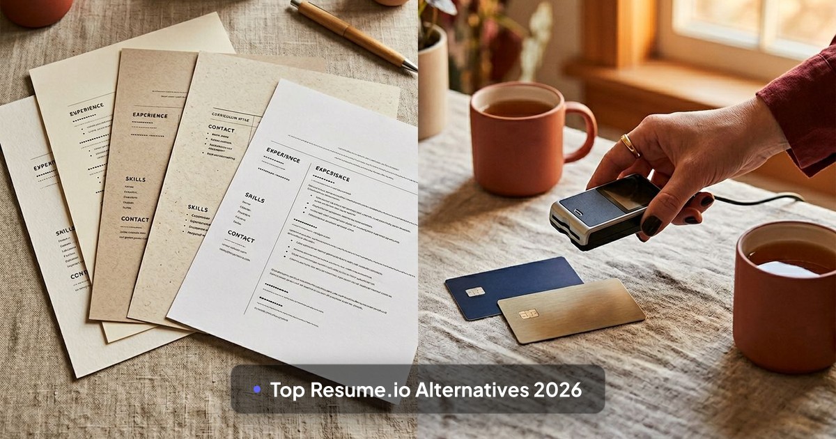 A hand pulls a small card reader away from elegant printed resumes on a linen desk, suggesting freedom from extra fees.