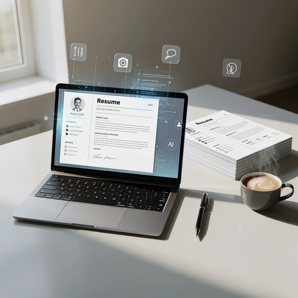 Professional resume on laptop screen with editing tools, highlighting resume tailoring tips for 2026 job search.