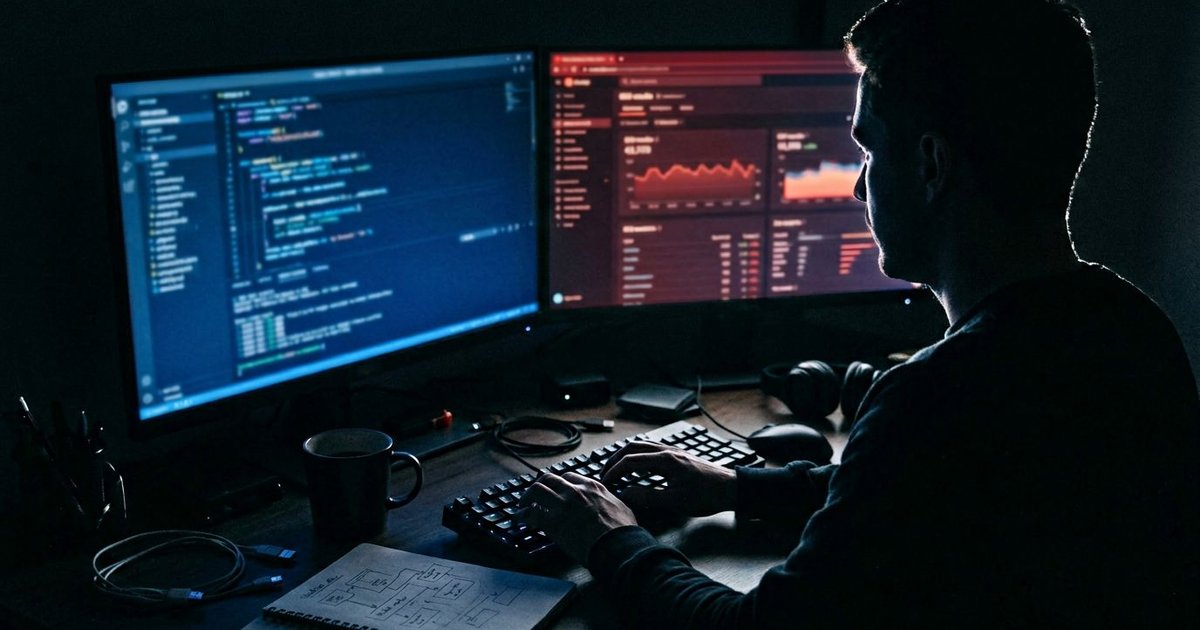 A programmer types at a dark workstation, monitors glowing with code and blurred charts, surrounded by tech gear.