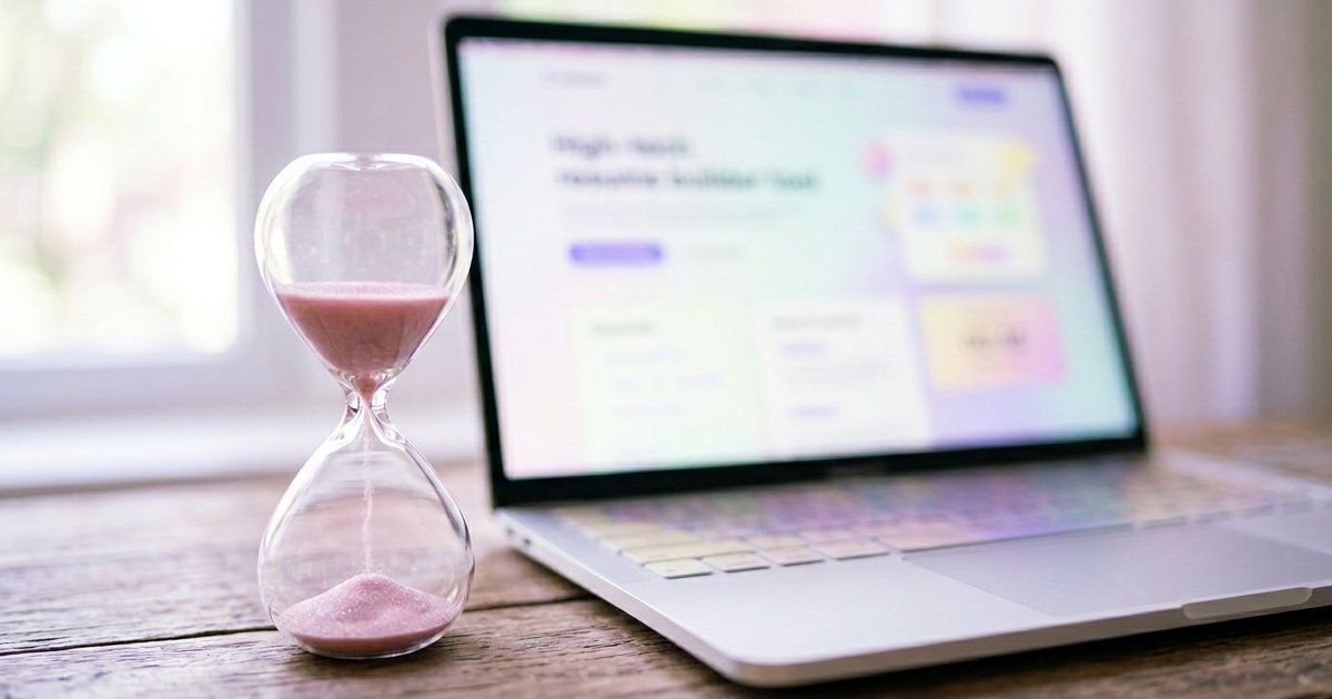 Pastel laptop keyboard and glowing resume builder UI with glass timer, symbolizing quick ATS resume tailoring in 5 minutes.