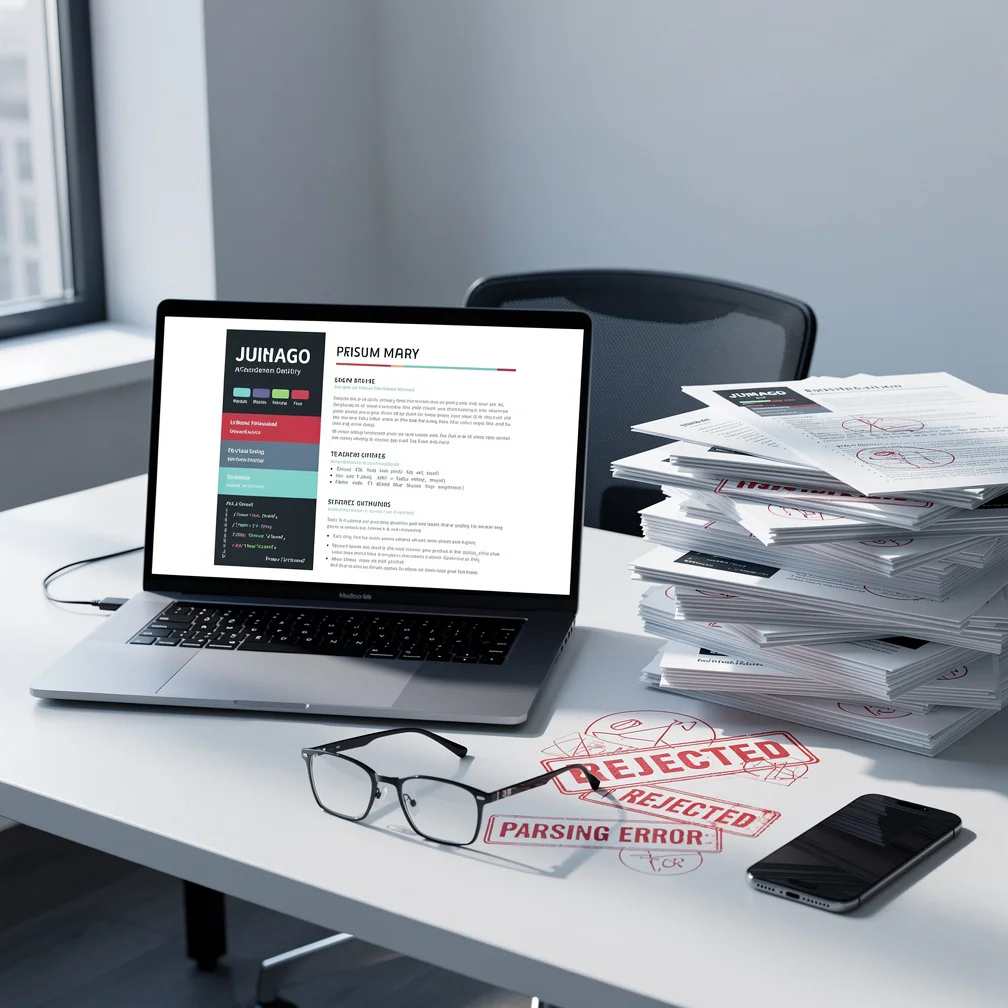 Frustrated tech job seeker reviews rejected resume with ATS parsing errors highlighted on computer screen.