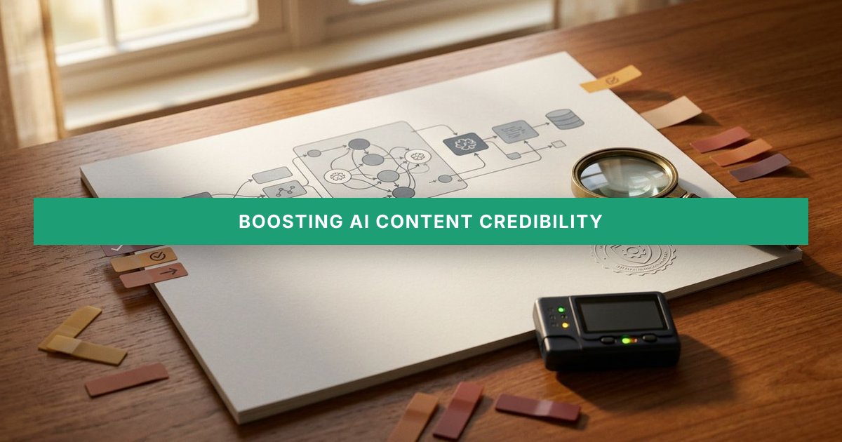 A magnifying glass, verification stamp, and AI schematic sit arranged on a sunlit table, evoking trust and credibility.