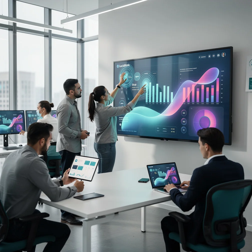 Marketers analyzing 2026 AI dashboards with charts, metrics, and workflow insights on a digital screen.