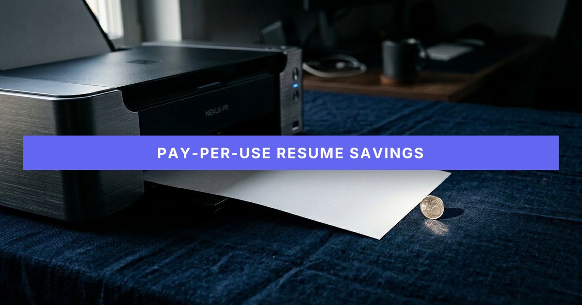 A single resume slides from a sleek printer beside a shiny coin, highlighting low pay-per-use pricing.