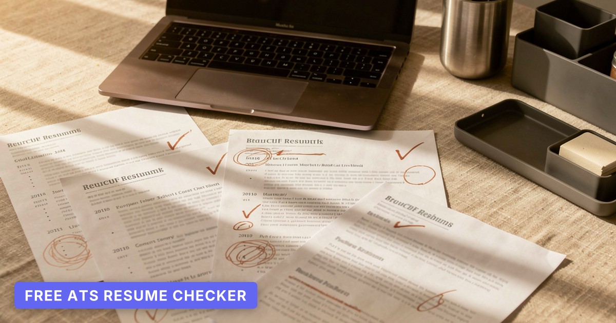 A sunlit home workspace with a laptop and marked-up resumes creates a reflective mood for resume improvement.