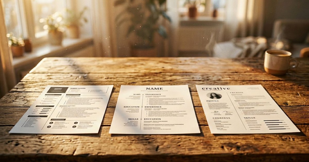 Three printed resumes with different layouts rest on a sunlit table, surrounded by warm shadows and soft golden light.