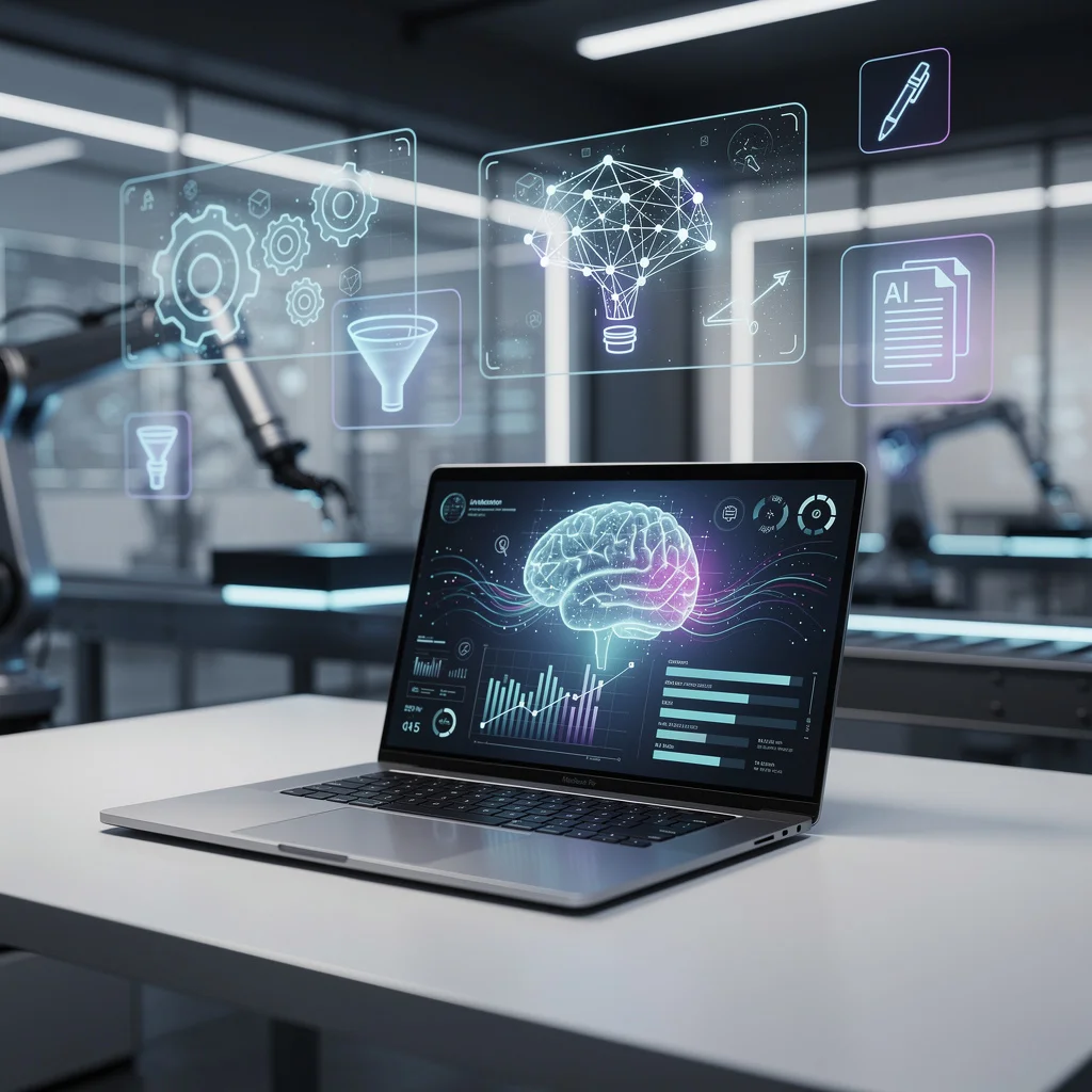 Marketers discussing AI-powered content creation tools at a tech conference, laptops and demo screens visible.