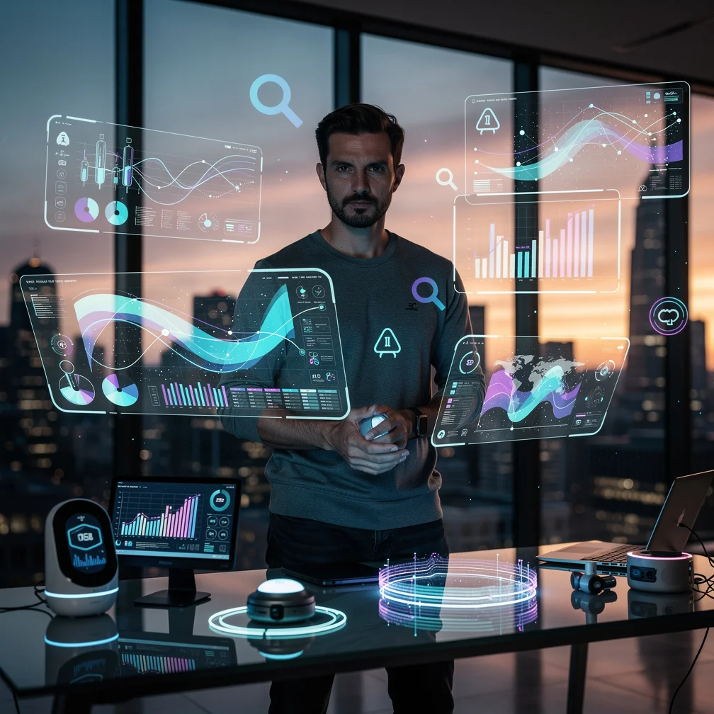 Marketer analyzing AI search results and generative engine optimization metrics on a laptop in 2026 office setting.