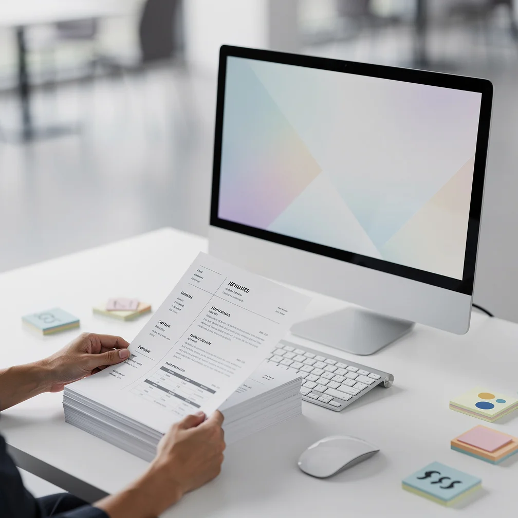 Modern tech resume with icons and bold colors being scanned by an ATS software interface, highlighting keyword optimization.