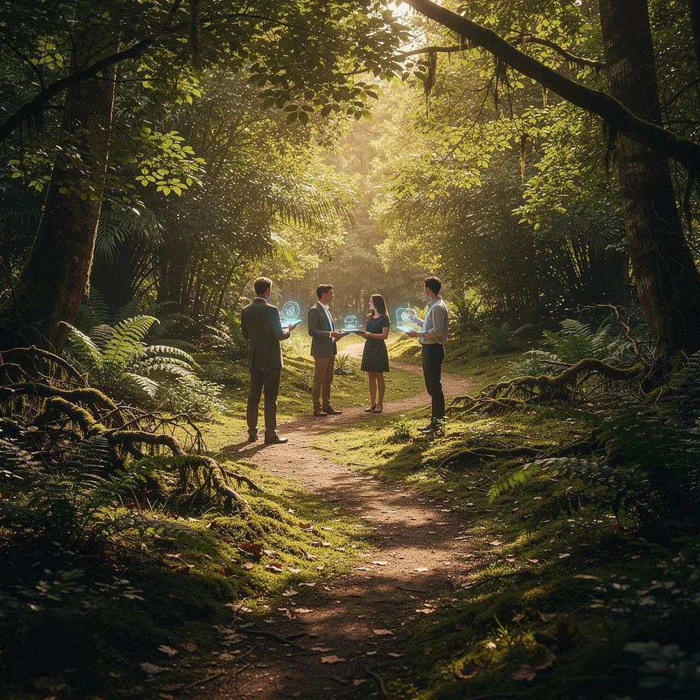 Digital marketers analyzing AI search results on laptops at a conference, discussing visibility strategies for 2026.