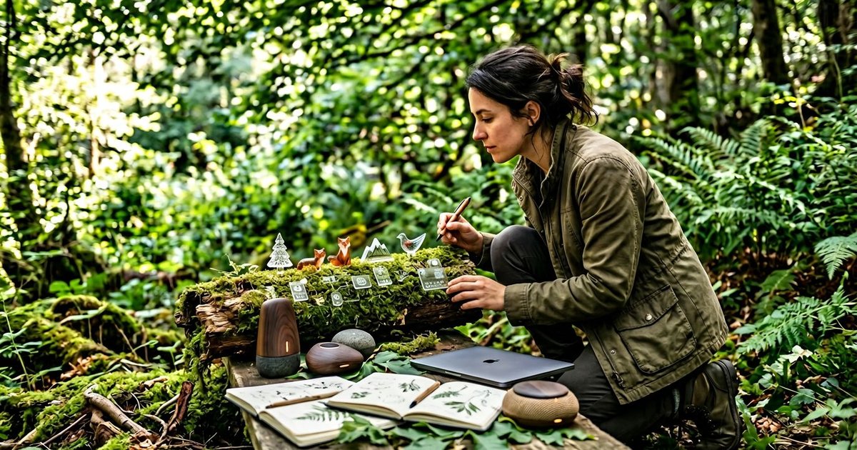 Person analyzing AI search visibility data on laptop, with generative AI icons and SEO graphs in the background