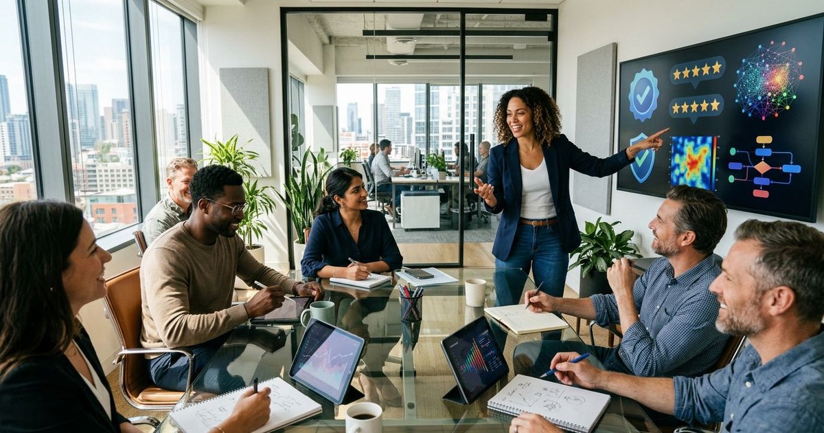 Business professional in a modern conference room discusses brand trust signals with AI on a laptop, 2026 branding concept.