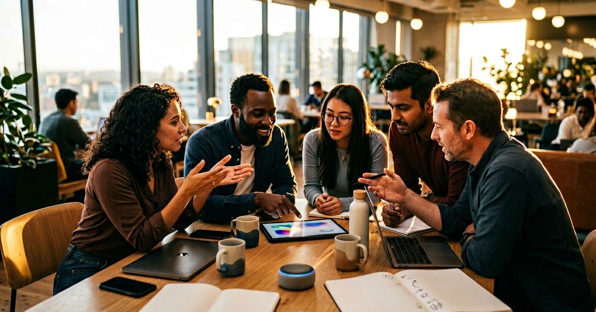 Modern tech startup team collaborating on AI-powered content strategy for 2026, laptops and digital tools visible.