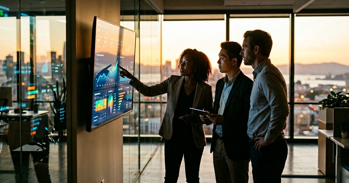 Diverse business team analyzes AI search audit dashboard with LucidRank graphs in a sunlit, modern office setting.