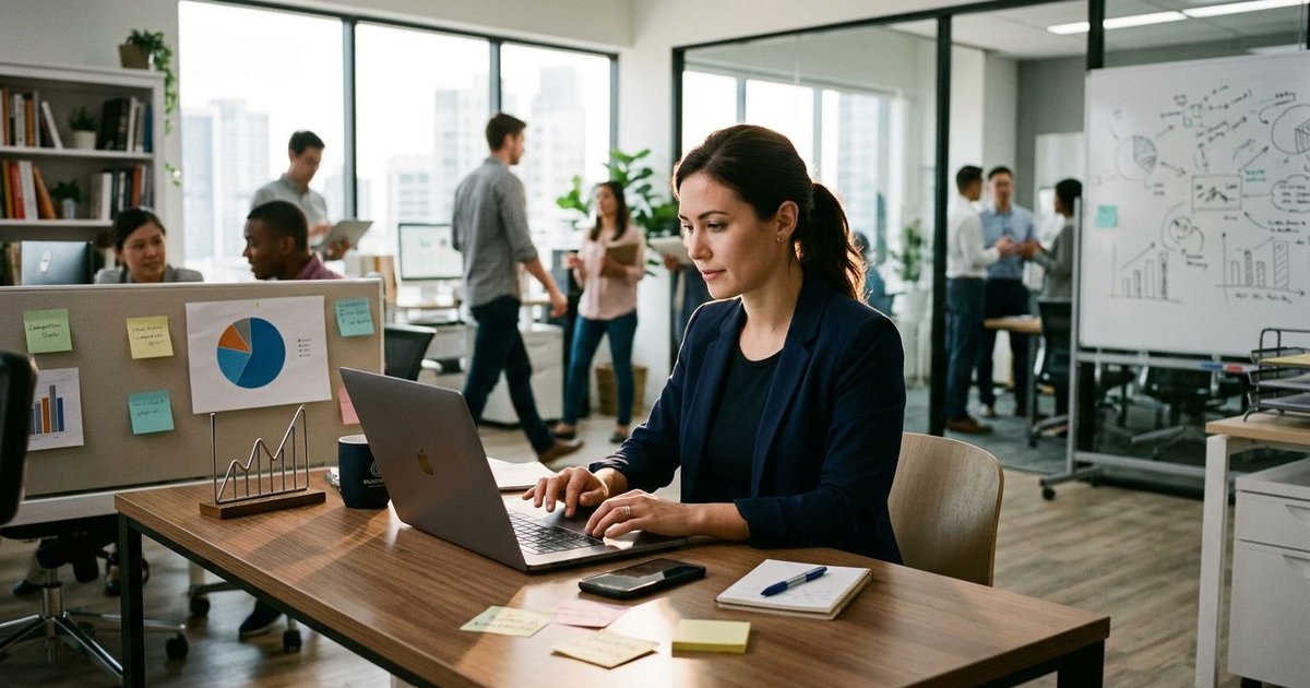 Marketer analyzes data at a vibrant office desk, LucidRank AI brand monitoring dashboard implied on laptop screen.