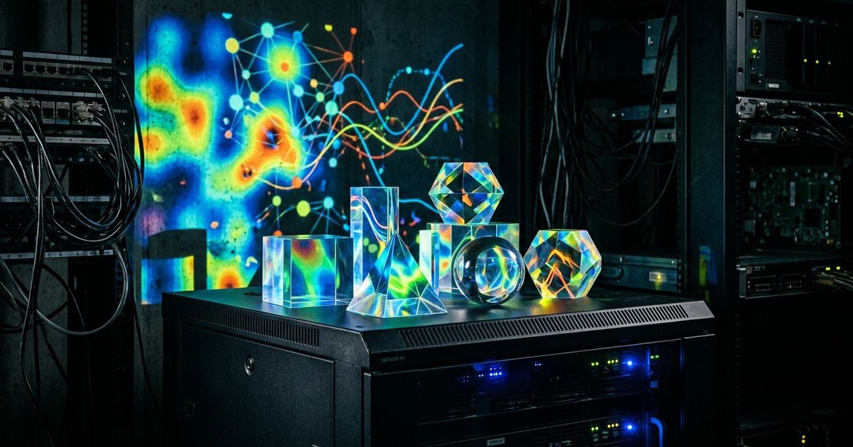 Translucent geometric shapes on a glowing server rack with AI heatmaps, neural graphs, and tech startup SEO visuals.