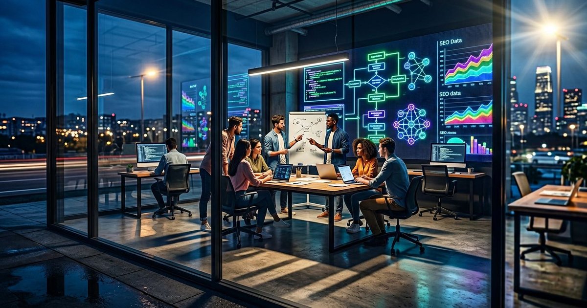 A group of young professionals collaborate in a glass coworking space with glowing AI displays and city lights outside.