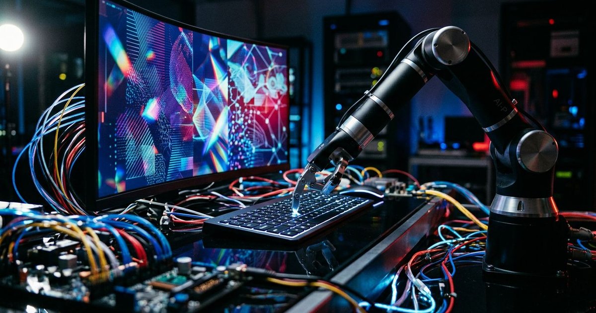 A robotic arm taps a glowing keyboard at a futuristic AI workstation, surrounded by vibrant cables and abstract lights.