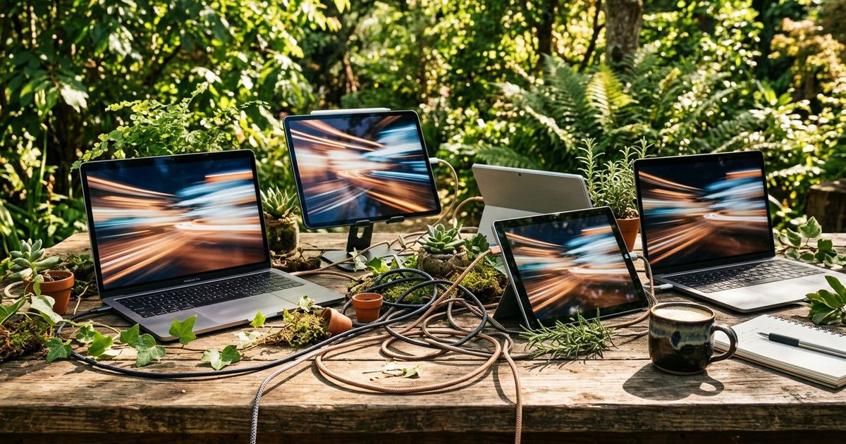 Laptops and tablets on a rustic outdoor table show blurred motion lines, blending nature with AI-driven content automation.