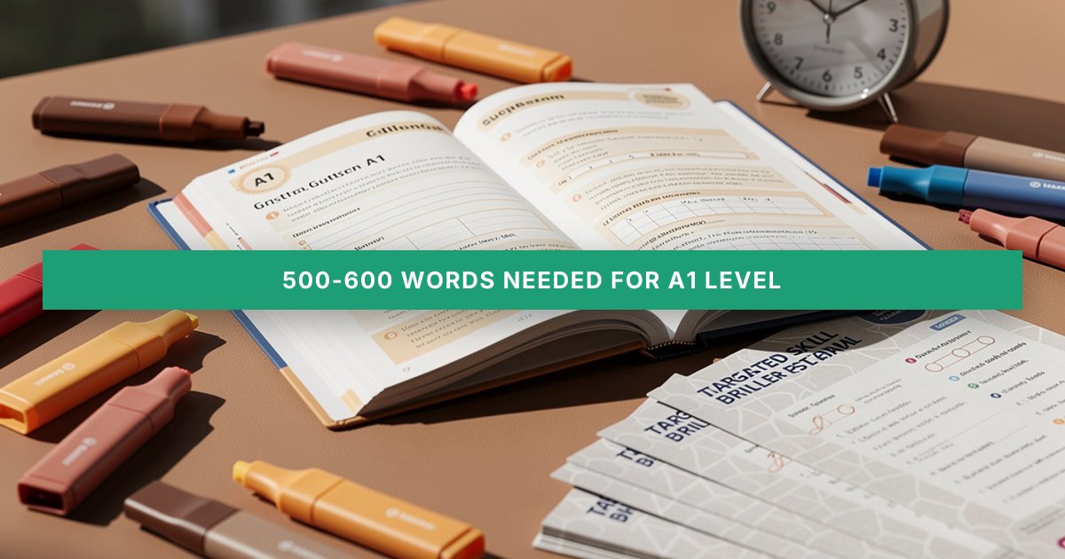 A stylish desk setup features a German A1 practice test, colorful highlighters, worksheets, and a ticking analog timer.