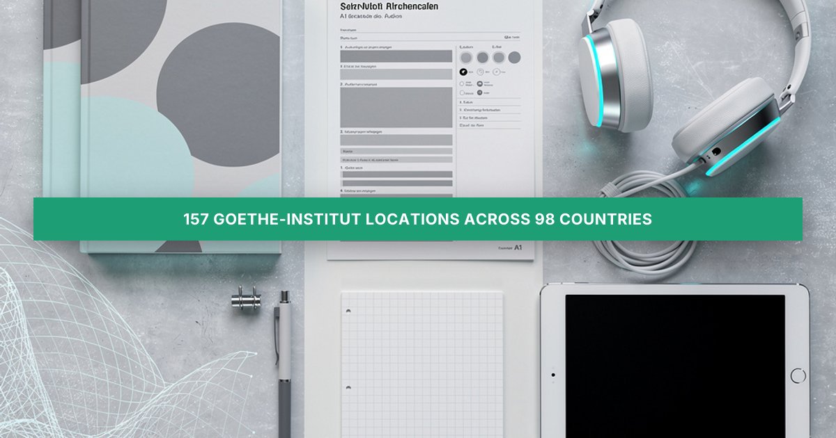 A minimalist study desk displays German A1 exam prep books, audio sheets, and headphones in a futuristic, organized layout.