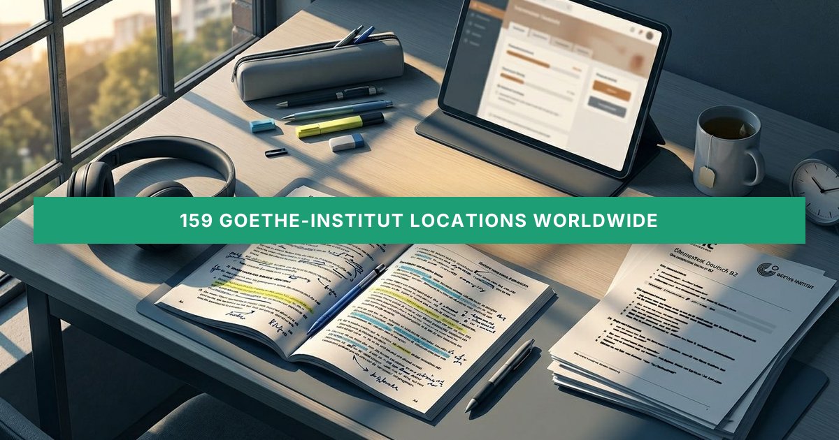 A sunlit, organized desk displays a German workbook, test papers, headphones, and a tablet prepared for exam study.