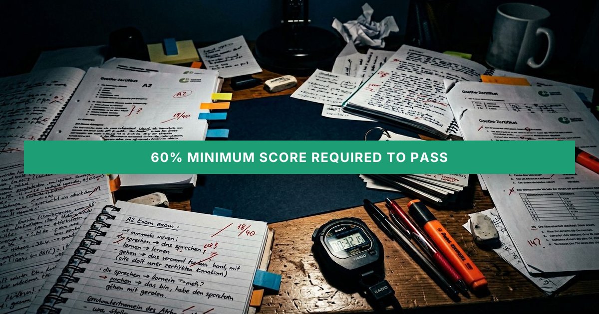 A shadowy desk glows with highlighted German exam notes, flashcards, and a stopwatch, evoking study tension.