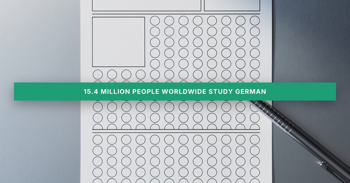 A German language exam answer sheet with a pencil rests on a sleek gray surface, highlighted by glowing cyan accents.