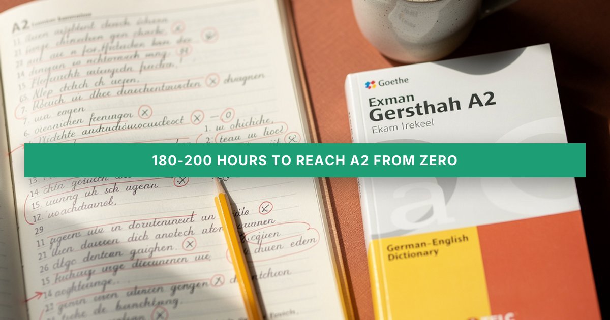 A cozy study scene shows an open notebook with German practice, exam booklets, a dictionary, and a mug of tea.