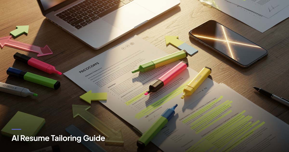 Resumes and highlighters swirl across a sunlit table with digital and analog tools in an energetic, dreamy workspace.