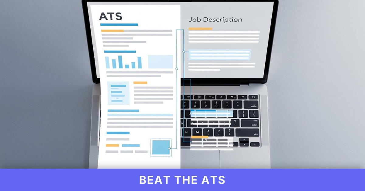 A laptop sits on a steel-gray table, displaying a split screen with a CV template and a mapped job description.