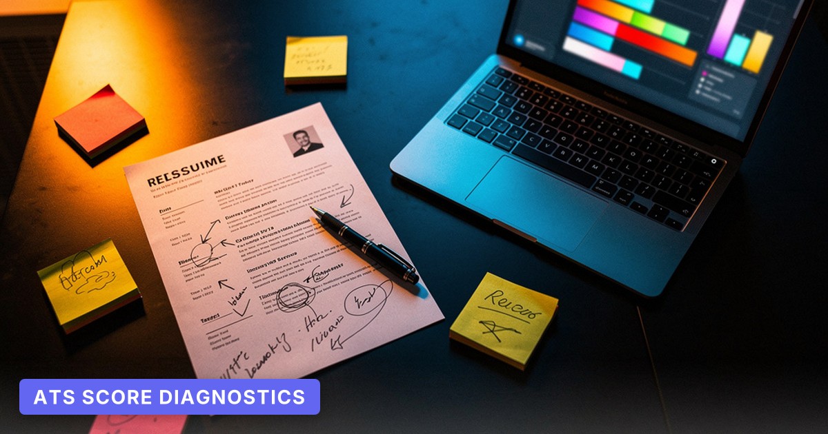 A marked-up resume and sticky notes sit on a table beside a laptop showing a blurred scoring dashboard at night.