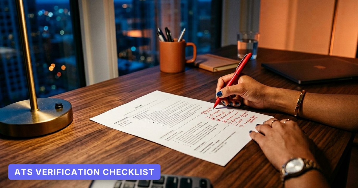 A hand with a red pen marks a resume checklist at a modern desk, city lights glowing softly through the window.