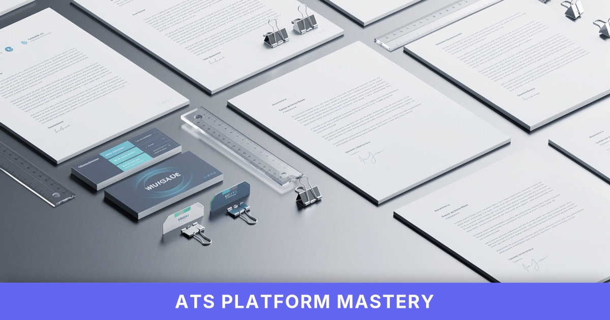Neatly arranged cover letter pages and abstract icons rest on a sleek gray desk, evoking resume tailoring for ATS.