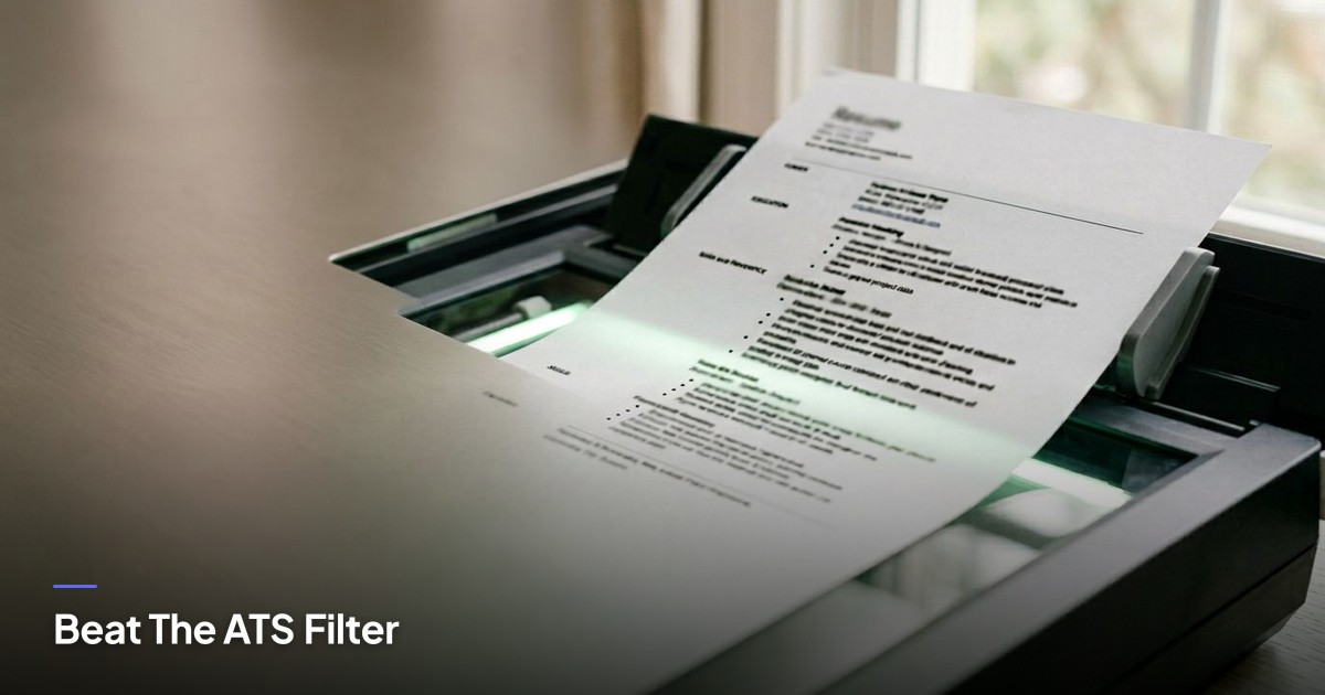 A resume slides into a glowing desktop scanner, highlighting the digital parsing process in a soft, earthy setting.