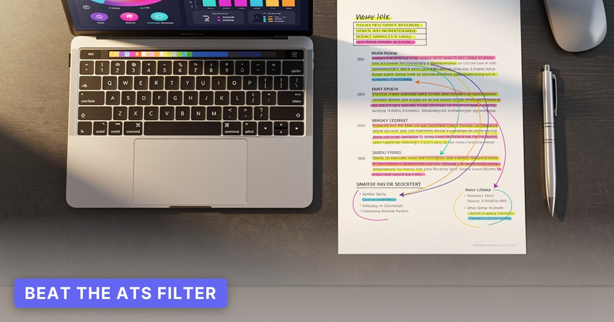 A modern laptop displaying colorful AI feedback sits beside an annotated resume on a textured, sunlit workspace.
