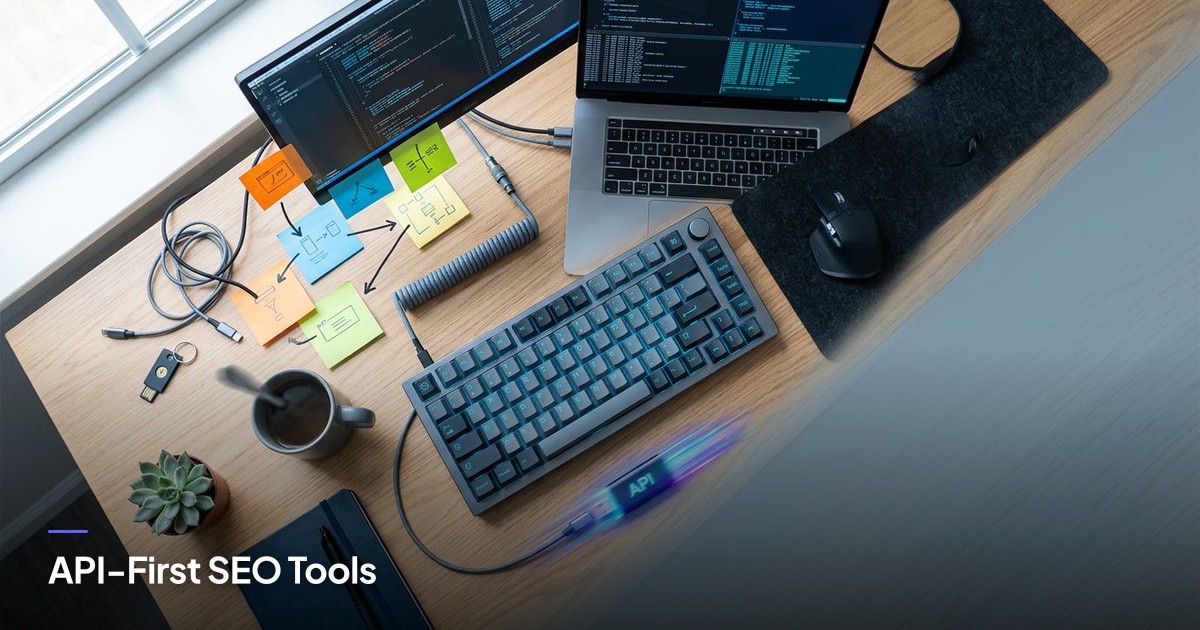 A developer workspace with a laptop running SEO scripts, colorful code, and scattered tech tools under natural light.