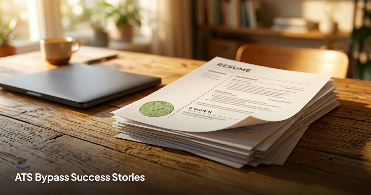 A stack of resumes with a green approval sticker sits on a sunlit table, suggesting optimism and ATS success.