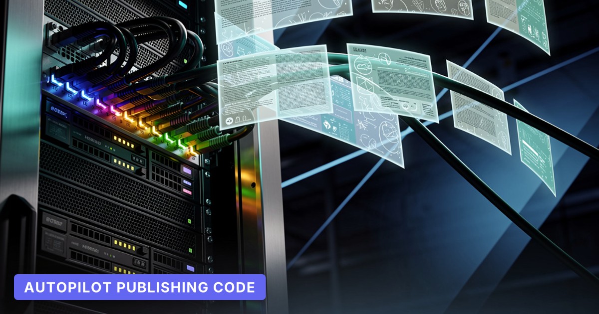 A sleek server rack glows as AI-generated blog posts stream out in arcs, surrounded by bold blue lighting effects.