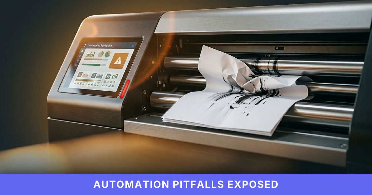 A misfed page jams in a glowing automated publishing printer, ink streaks and sunlight highlighting the workflow error.